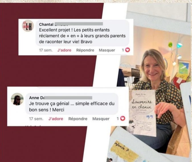 Commentaires Facebook de Chantal et Anne saluant le projet, avec Charlotte Nicod tenant un carnet.